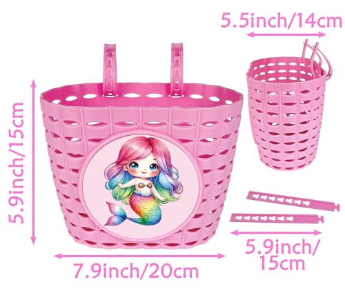Girls Pink Bike Basket with Mermaid Pattern - Kids Bicycle Handlebar Storage