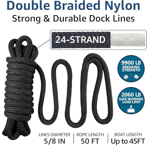 PACTHSD 2 Pack 5/8" x 50' Double Braided Nylon Boat Dock Lines with 16" Eyelet, Marine-Grade Rope for Secure Docking