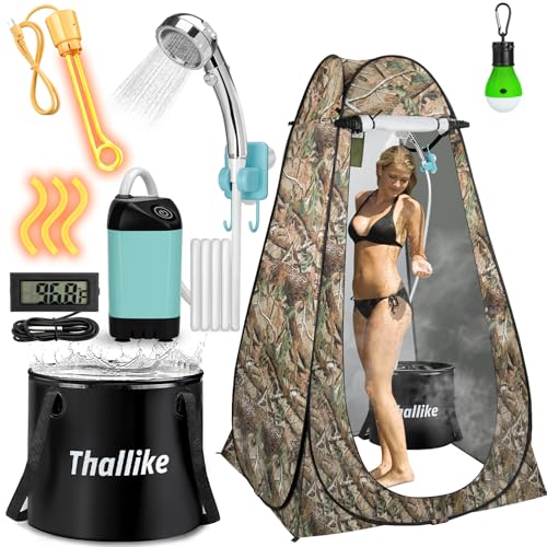 Portable Hot Shower Kit with Tent - 1000W Immersion Heater, Folding Bucket, Rechargeable Pump