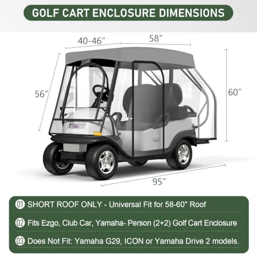 Gray L 58 Inch Short Roof Golf Cart Enclosure - 2+2 Drivable Rain Cover for EZGO, Club Car