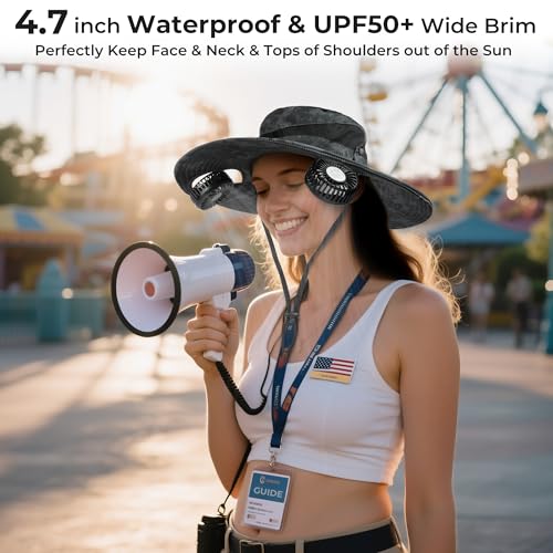 Camo Grey Bucket Hat Fan with UV Protection and Rechargeable Fan - Gifts for Him & Her