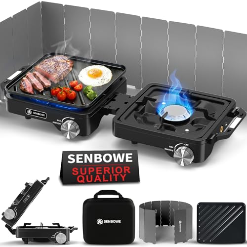 SENBOWE Black 2-Burner Camping Stove 24000 BTU Portable Propane Stove Kit