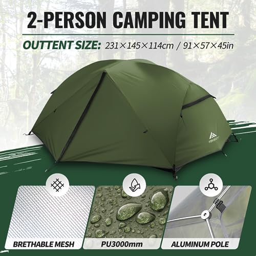 Forceatt 2P Green Waterproof Windproof Camping Tent for 2 People - Lightweight & Easy Setup