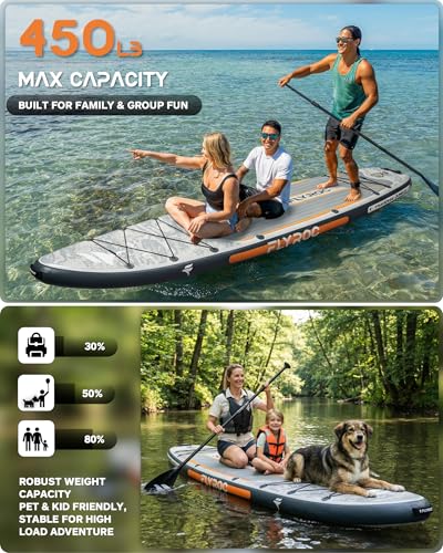 Flyroc Jungle Gray 11'6" x 35" Extra Wide Inflatable Paddle Board for All Skill Levels - 450lb Capacity with 3 Paddles, Backpack, Dry Bag