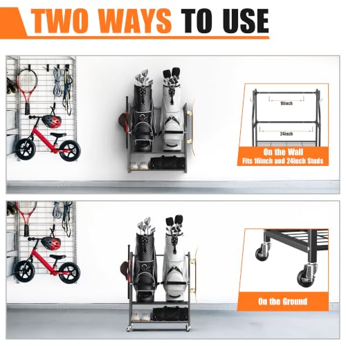 Golf Bag Storage Rack for Garage - Holds 2 Bags with Shelves & Hooks - Black, 28 Inch
