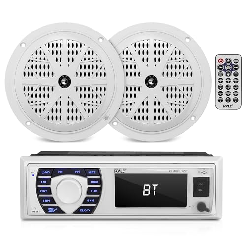 White Marine Receiver & Waterproof 5.25” Speakers Kit - Bluetooth Radio, MP3/USB/SD, In-Dash Stereo