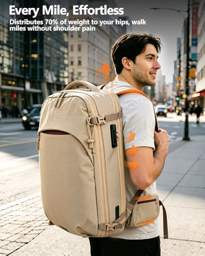 Beige 40-60L Vacuum Travel Backpack with Removable Hip Belt & Pump - Zurligi 60L Expandable Carry-On