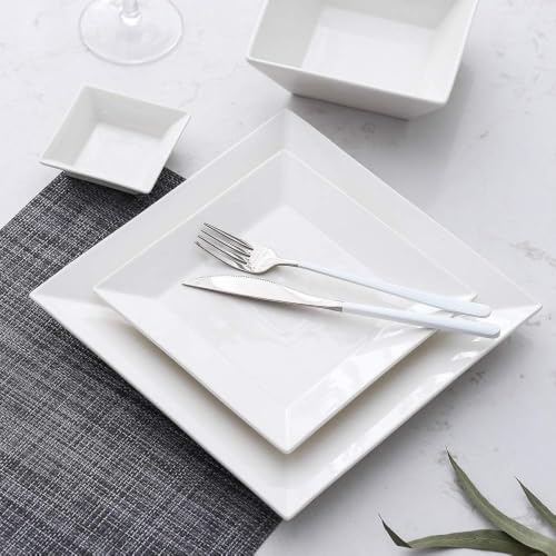 White Square Dinnerware Set for 6 - 24 Pieces, Porcelain Plates & Bowls