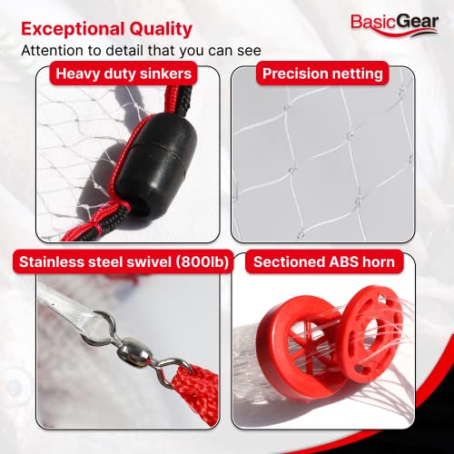BasicGear 12ft Radius Cast Net with Protected Weights, 3/8" Mesh, Durable Bait Net