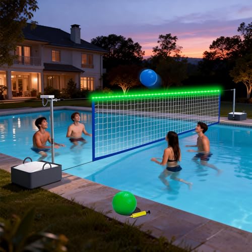 KOOHYIA 15-32ft Adjustable Pool Volleyball Net Set with LED Solar Lights, Portable Water Game