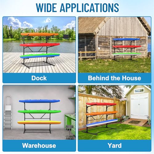 Heavy Duty Freestanding Kayak Rack for 3 Kayaks, Canoes & Paddle Boards - Adjustable Storage Stand - Outdoor & Garage Organization