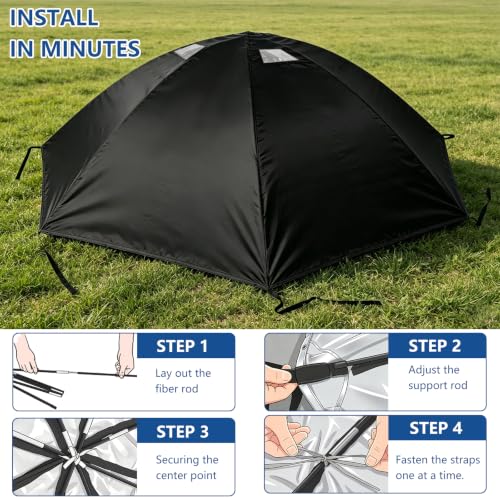 Black 14ft Waterproof Trampoline Cover with PVC Skylight & Support Poles - Heavy Duty