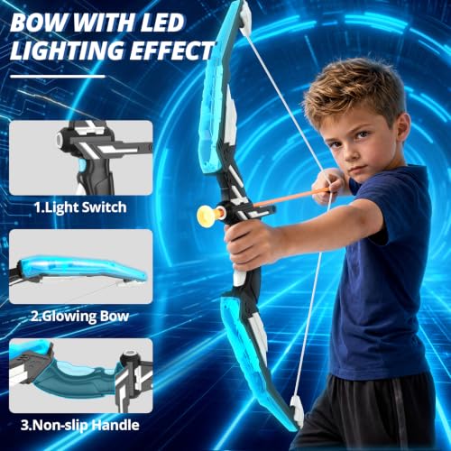 Kids LED Bow and Arrow Set with Targets - Blue & Black Indoor Outdoor Sport Gift