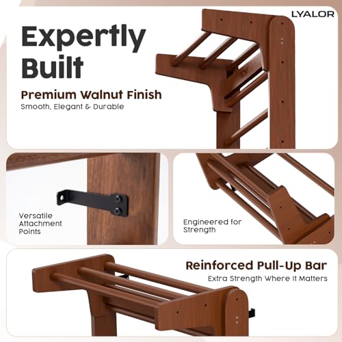 Walnut Swedish Ladder Wall Bars with Adjustable Pull-Up & Dip Station