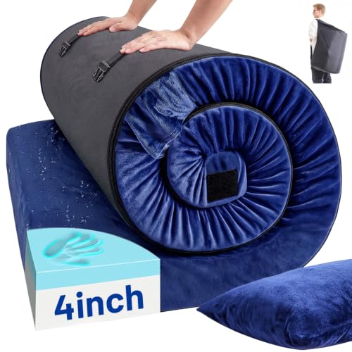 Navy Blue 4-Inch Memory Foam Camping Mattress with Pillow - Small Single 72x24x4"