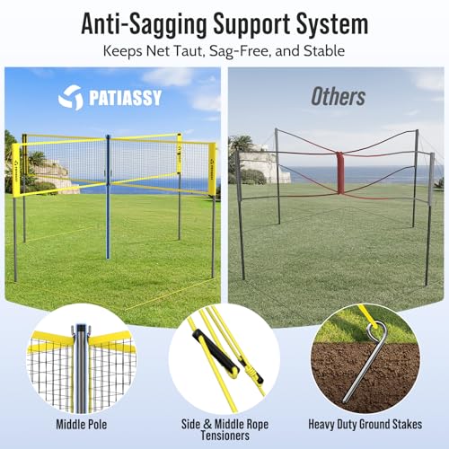 Yellow 4-Player Volleyball Game Set with 16FT & 32FT Court, Adjustable Height Backyard Badminton Combo