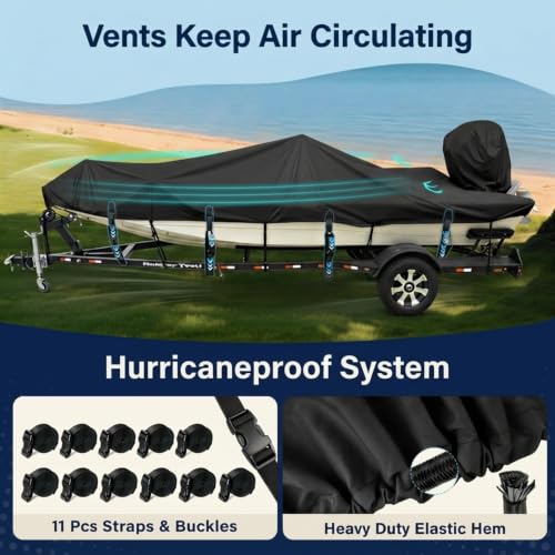 Fuprosico Waterproof Boat Cover 16-18.5ft V-Hull Trailerable Heavy Duty 1200D Black