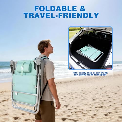 Teal Extra Wide Low Beach Chair 2 Pack - 5-Position Folding Camping Chairs with Cup Holders for Outdoor Sand