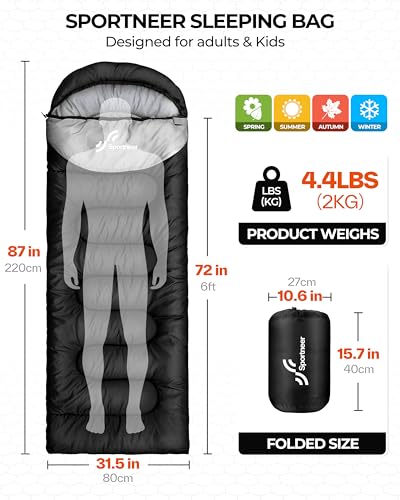 Sportneer 4.4lb 3-Season Sleeping Bag for Adults & Kids, Black & Light Gray