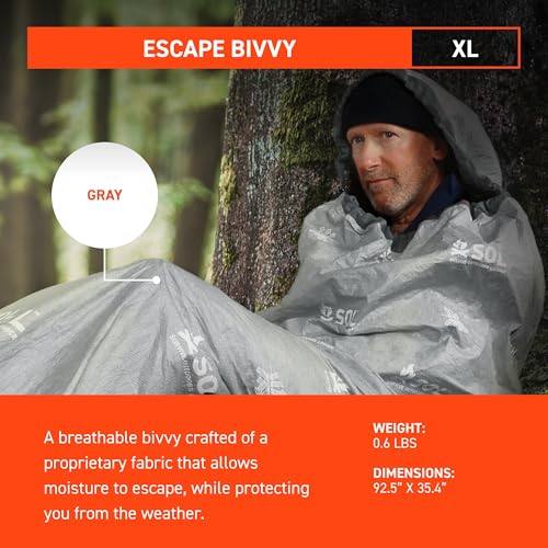 SOL Escape Bivvy XL Emergency Shelter with Hood, Reflects 70% Body Heat, Gray, 91" x 35"