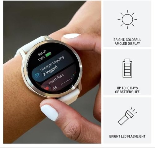 Garmin Venu 4 GPS Smartwatch - 41mm AMOLED Display, Built-In Flashlight, Lunar Gold & Bone Silicone Band | Wearable4U White Earbuds Bundle