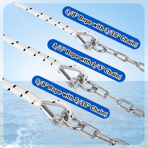 Boat Anchor Rope & Chain Kit - 1/2" x 200 ft Double Braided Nylon with 316 Stainless Steel Chain and Hardware