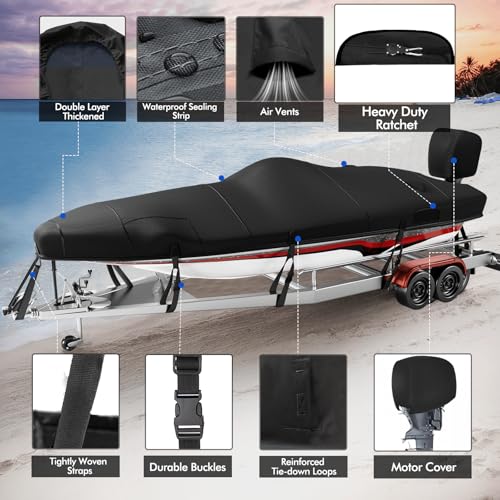 Fuprosico Custom 14-15ft Bass Boat Cover Waterproof Trailerable Black with 1200D Motor Cover