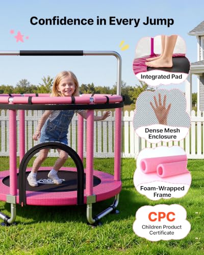 Pink Indoor Trampoline for Kids 3-12 with Safety Enclosure & Toys - 4.6 ft