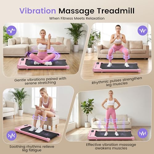 Pink Under Desk Treadmill with Incline and Vibration Plate for Women