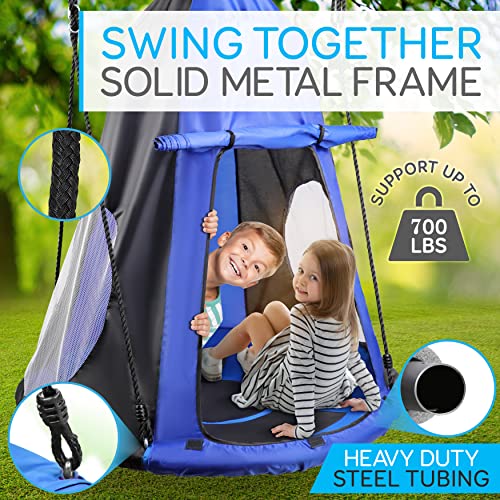 SereneLife Kids Tree Swing with Tent Cover - 40-Inch Saucer Seat, Blue, Indoor & Outdoor Play