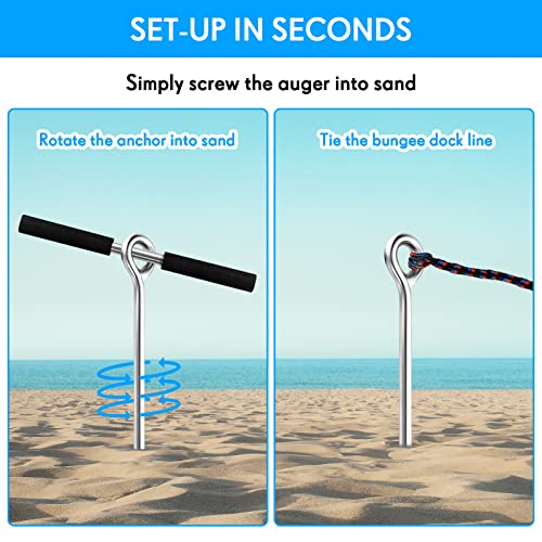 Pelopy 2 Pack 36 Inch Stainless Steel Sand Anchors with Removable Handle & Bungee Line for Beach & Watercraft Stability