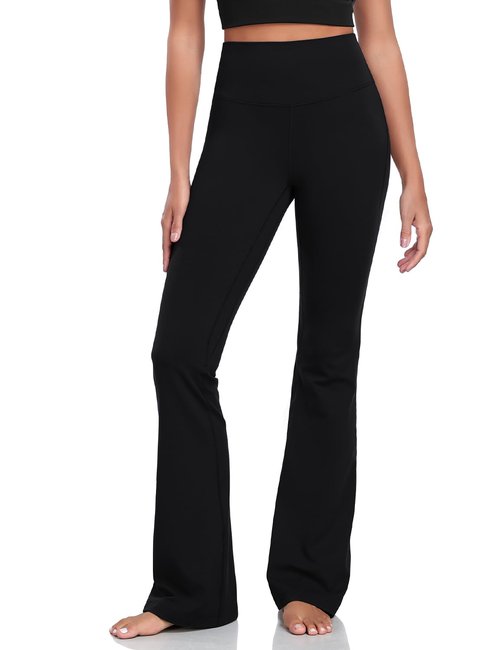 HeyNuts Harmony Flare Leggings for Women, High Waisted Tummy Control Bell Bottom Leggings Wide Leg Bootcut Yoga Pants Athletic Compression Buttery Soft Lounge Pants 32.5" Black M(8/10)