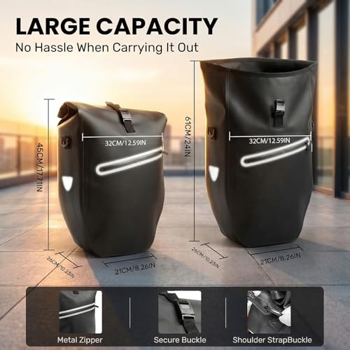 28L Waterproof Bike Pannier Bag with Reflective Details - Black, 2pcs