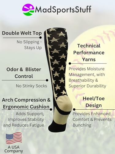 All Stars Socks with Stars for Baseball Softball Football Youth & Adult Medium Black Vegas Gold