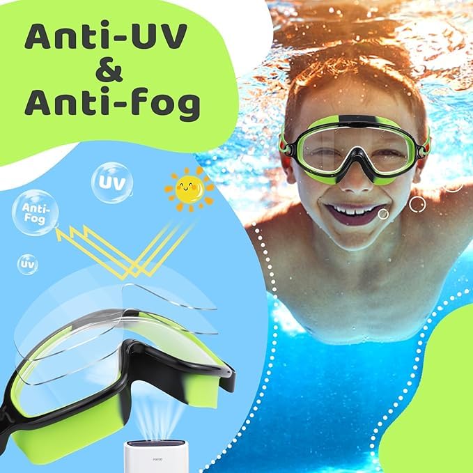 Kids Swim Goggles Black Green & Light Blue - Wide View Anti-Fog UV Protection