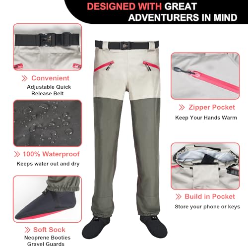 X-Large Green Waterproof Waist Waders for Men & Women - 3-Ply Breathable Fishing Pants
