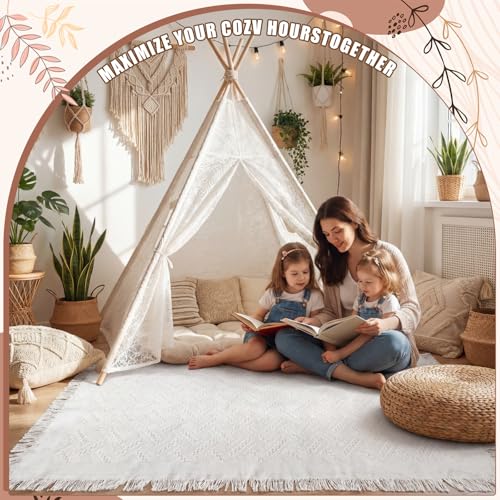 Beeveer White 47"x51" Lace Teepee Tent & Extra Large Boho Picnic Blanket 91"x72"
