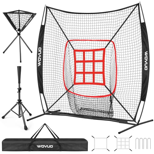 WOVUO Black 6x6 ft Baseball & Softball Hitting & Pitching Net with Strike Zone & Tee