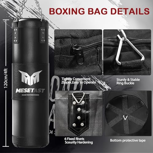 MESETAST Black 4ft Heavy Boxing Punching Bag Set with 12oz Gloves & Accessories