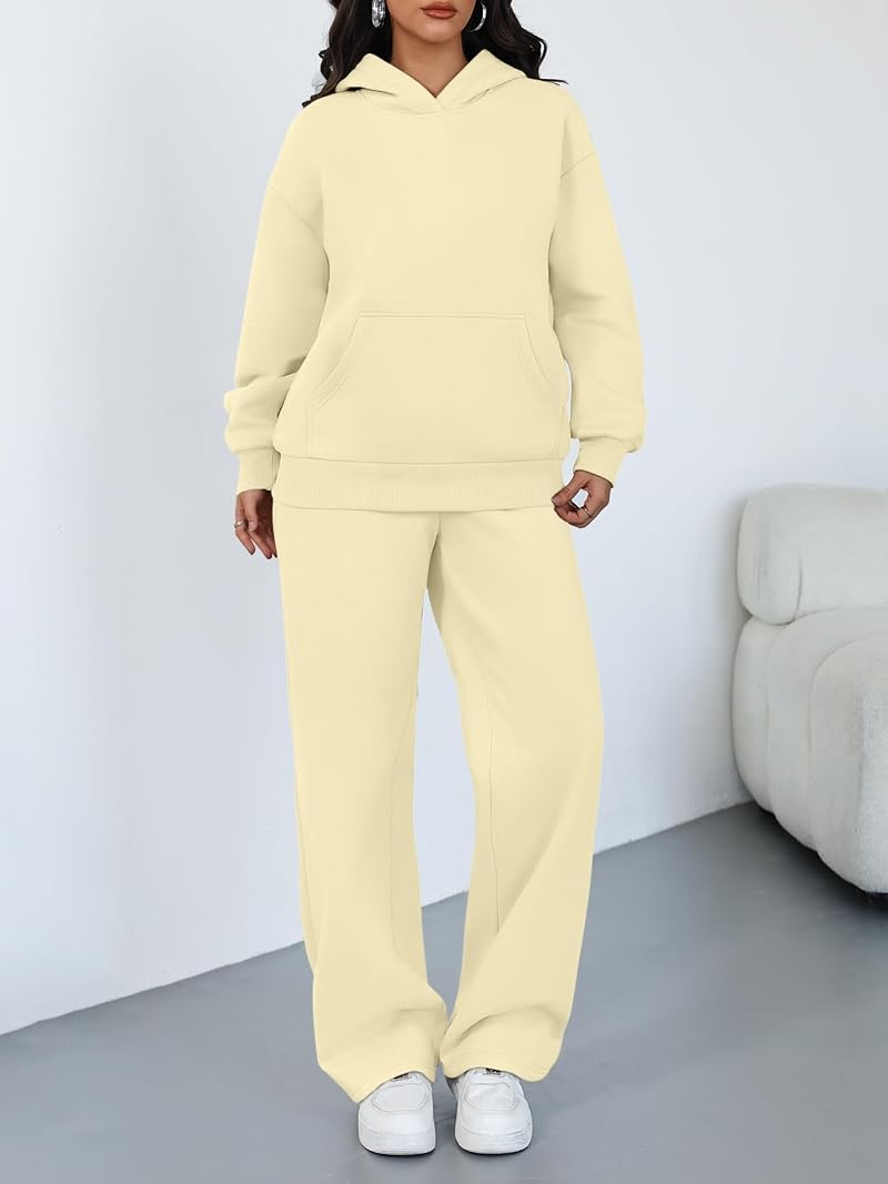 Oversized Hoodie & Wide Leg Pants 2-Piece Lounge Set - Lightyellow Medium