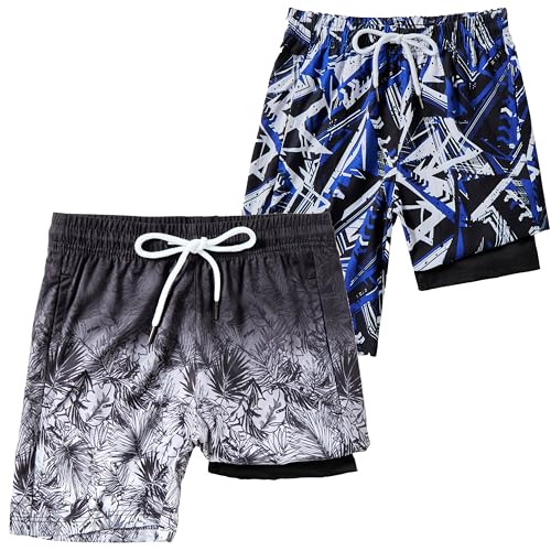 Boys 2-in-1 Swim Trunks Boxer Brief Liner - 14-16 Leaf Pattern, Quick Dry