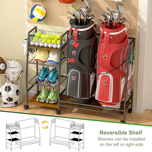 DAOUTIME Golf Bag Storage Rack for Garage | Holds 2 Bags with Wheels & Accessories
