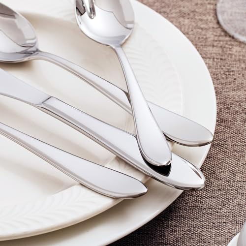 KINGSTONE 60-Piece Stainless Steel Silverware Set for 12, Modern Mirror Finish, Dishwasher Safe