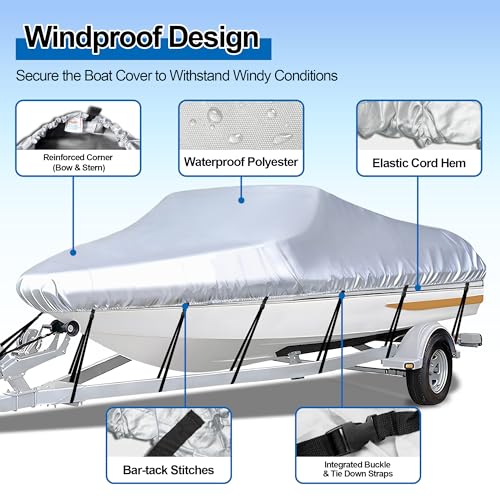 Grey iCOVER Trailerable Boat Cover for V-Hull, 23-24 Ft, Waterproof with Support Pole