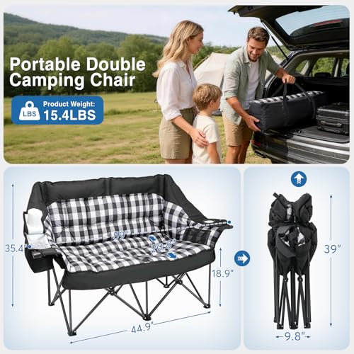 Oversized Double Camping Chair with Padded Seat & 2-in-1 Drink Cooler - Black