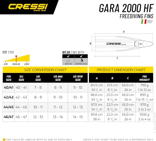 Freediving Fins - Cressi Gara 2000 HF Long Flippers for Deep Skin-Diving - EU 44/45 | US 9.5/11, US Lady 10.5/12