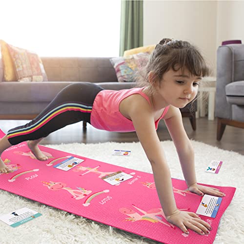 Kids Yoga Mat Set with Unicorn Pink Design, Non-Slip Exercise Mats & 12 Yoga Cards