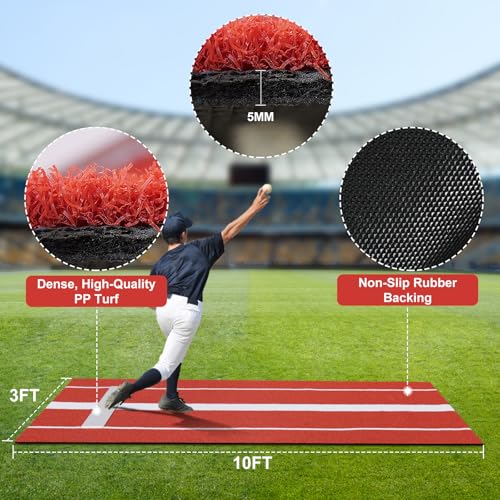 Heavy Duty Softball Pitching Mat 10x3 ft with Clay Variation, Anti-Slip Rubber Backing