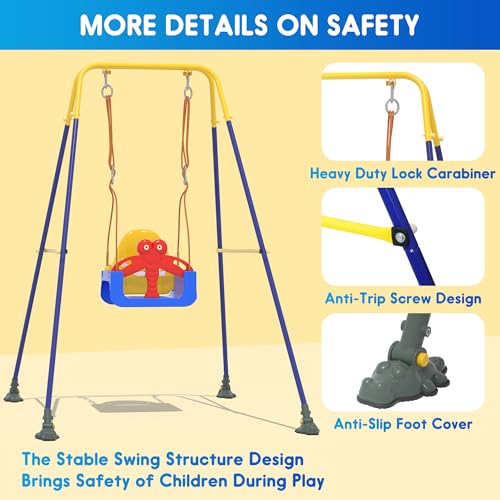HAPPYMATY 3-in-1 Toddler Swing Set Blue Yellow - Indoor/Outdoor Baby Swing with Safety Belt & Sturdy Metal Stand
