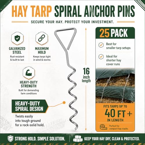 25 Pack Spiral Ground Stakes for Hay Tarp Anchors - 16 Inch Metal Stakes